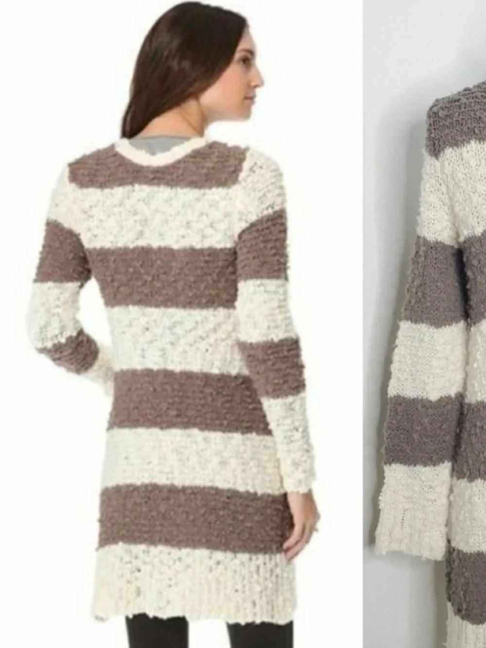 Free People Cream & Brown Striped Open-Front Cardigan